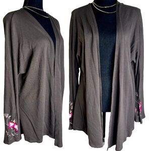 J.Jill brown floral embroidered sleeves boho knit duster cardigan size XL